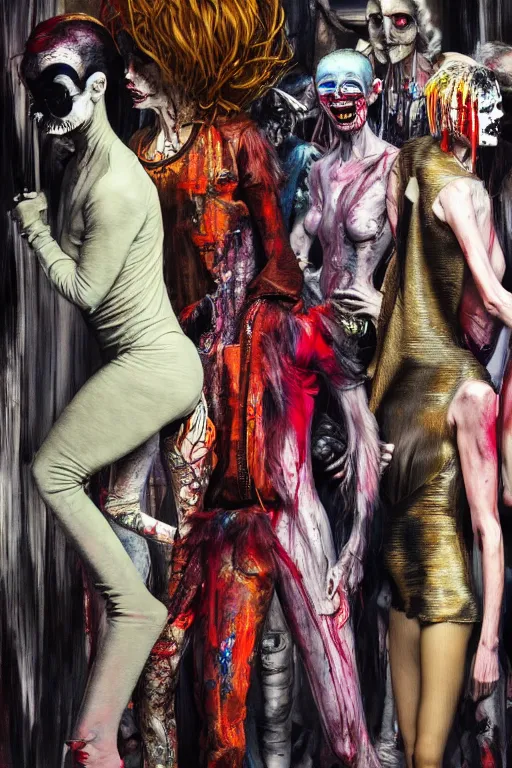 Image similar to crazy fashion catwalk, freak show, one model, crazy clothes, biopunk style, horror, hauntingly surreal, highly detailed painting by francis bacon, edward hopper, adrian ghenie, gerhard richter, and james jean soft light 4 k