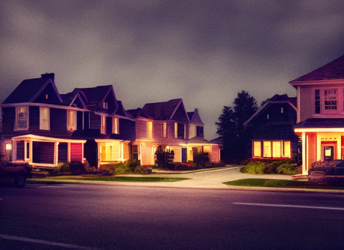 Image similar to small suburban houses in America at night inspired by Edward Hopper, Photographic stills, photography, fantasy, moody lighting, dark mood, imagination, cinematic