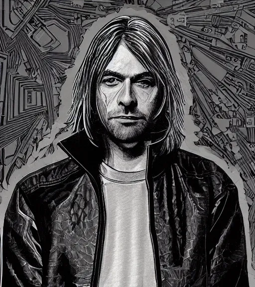 Image similar to Kurt Cobain with multiple digital patchwork faces, techwear, Industrial Scifi, detailed illustration, character portrait, by Martin Grip and Moebius