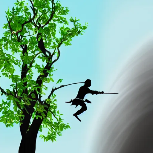 Image similar to a ninja with sword standing on a tree practicing, realistic