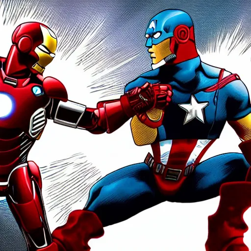 Prompt: iron man and captain america fighting