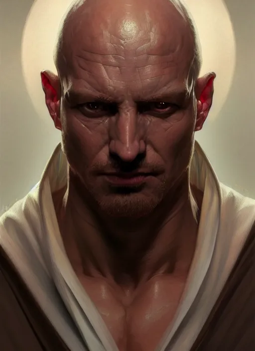 Prompt: Portrait of a man, bald, scarred! Sith, muscular, robes! intricate, elegant, highly detailed, digital painting, artstation, concept art, smooth, sharp focus, illustration, art by artgerm and greg rutkowski and alphonse mucha