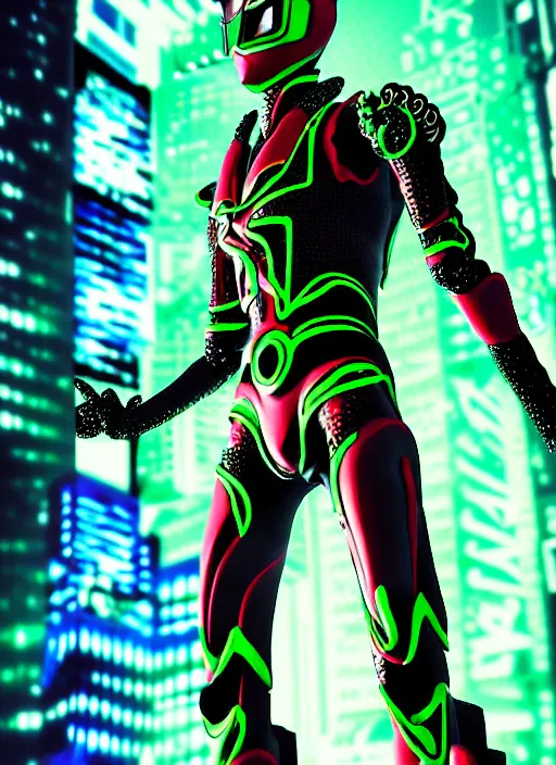 Prompt: kamen rider, hero human structure insects concept art, full body, intricate detail, art and illustration by kim hyung tae and irakli nadar and alexandre ferra, global illumination, action pose at tokyo cyberpunk neon light night