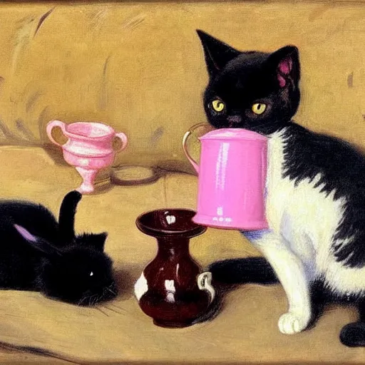 Prompt: a cat cat with black fur having a picnic with a (bunny), the (bunny) has pink fur, the cat is drinking tea, highly detailed, painted by John Singer Sargent