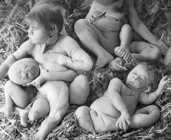 Prompt: the cyclical theory of becoming and dissolution and interdependence between the world of nature and human events by Anne Geddes, Henri Cartier-Bresson.