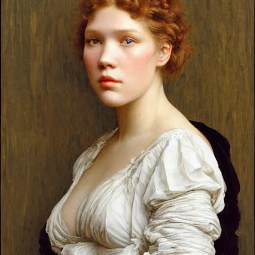 Image similar to portrait en buste of lea seydoux in an edwardian dress by frederic william burton and frederic leighton, abundantly detailed, perfectly detailed eyes