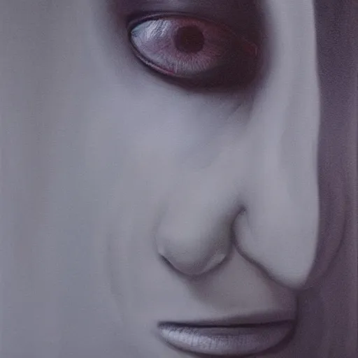 Image similar to woman face staring, portrait, flash, 80mm F2.8, single light source, painting by Zdzislaw Beksinski