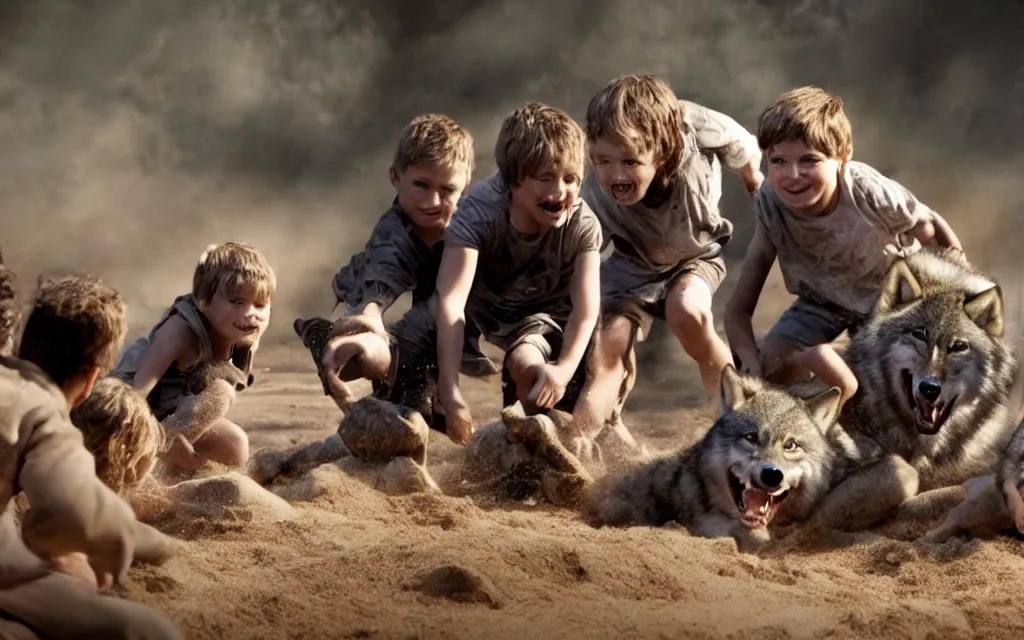 Prompt: wolfs and kids playing in the sandbox photo screen form michael bay film