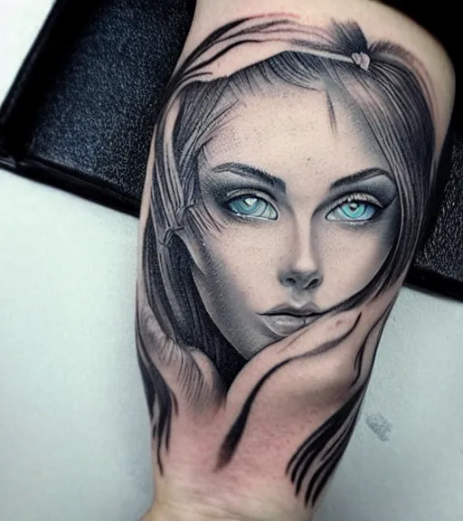 Image similar to tattoo design sketch of a beautiful blue - eyed woman face with a faded background of beautiful mountains and nature on her side, hyper - realistic, in the style of den yakovlev, amazing detail, black and white