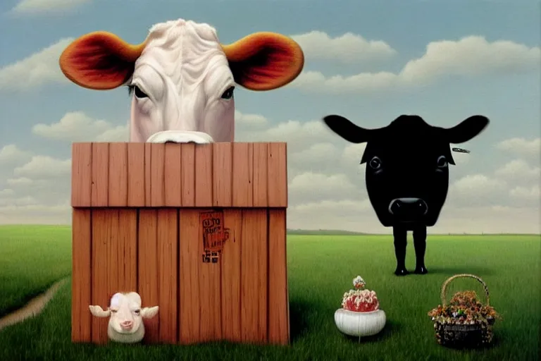 Image similar to 'Wherever you go, a cow is always watching you', lowbrow painting by Mark Ryden and René Magritte