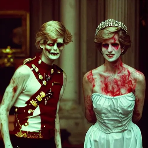 Image similar to zombie princess diana and zombie prince philip eating the queen in buckinham palace during the apocalypse cinematic dramatic hdr