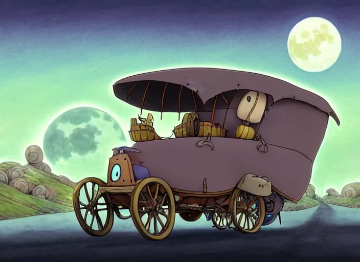 Prompt: a cell shaded cartoon of a lovecraftian snail stage coach from howl's moving castle ( 2 0 0 4 ), on a desert road, in front of a pale full moon, full body, wide shot, very dull muted colors, studio ghibli, highly detailed, deviantart, art by artgem