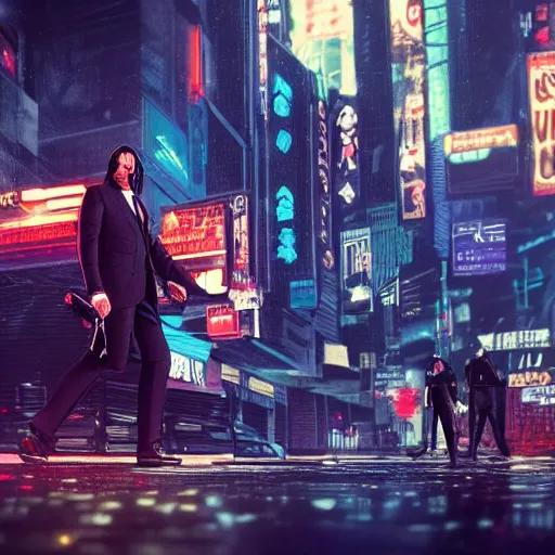 Image similar to john wick in cyberpunk city, night scene, highly detailed