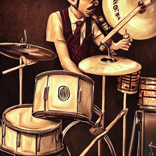 Image similar to 1940's musician playing drums, drumkit, photorealistic art, hd, 8k, intricate details, high definition