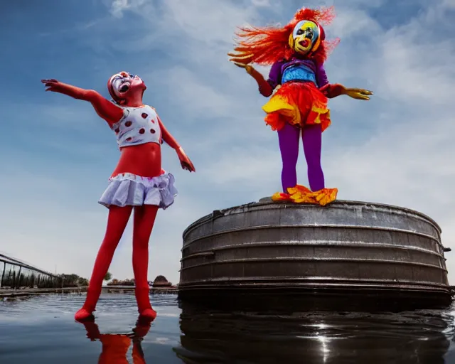 Image similar to clown girl android standing on a water tank