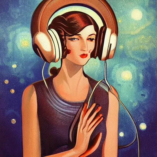 Image similar to intricate, amazing, art deco, retro vintage and romanticism, painting by march hares, soft color palette, highly detailed, godess with headphones from space sci - fi of ancient religion