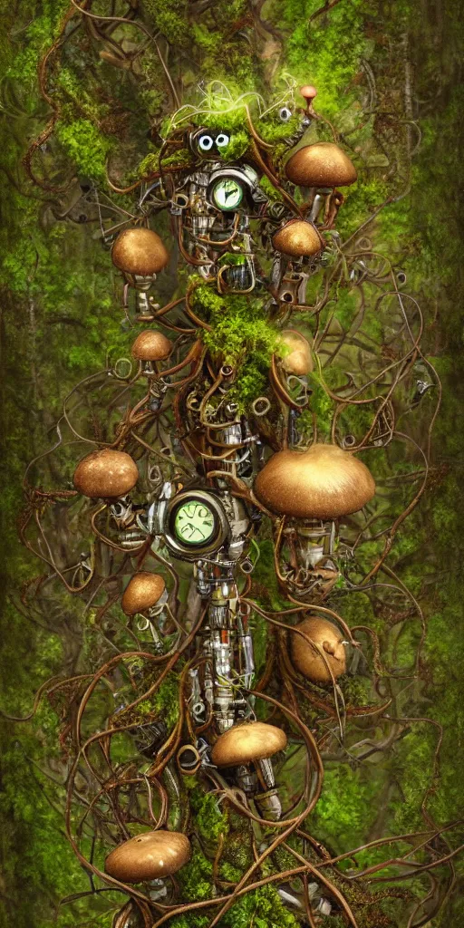 Image similar to a steampunk robot with mushrooms growing out of it's head, intertwined with fungus and vines, overgrown, moss, mycelium, detailed, 4 k, trending in artstation