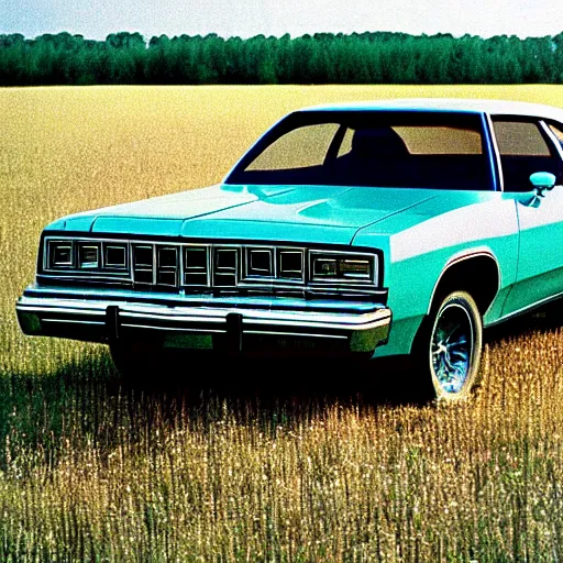 Image similar to A photograph of a rusty!!!!!!!!!!!! Powder Blue Dodge Aspen (1976) in a farm field, photo taken in 1989