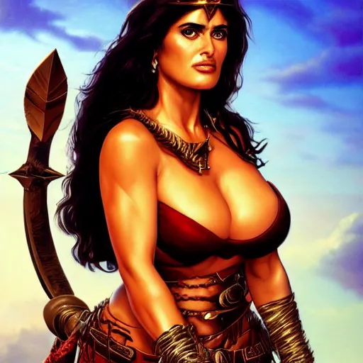 Image similar to full body photo of Salma Hayek as a Barbarian princess, Joe Jusko, digital art, artstation, 8k photography