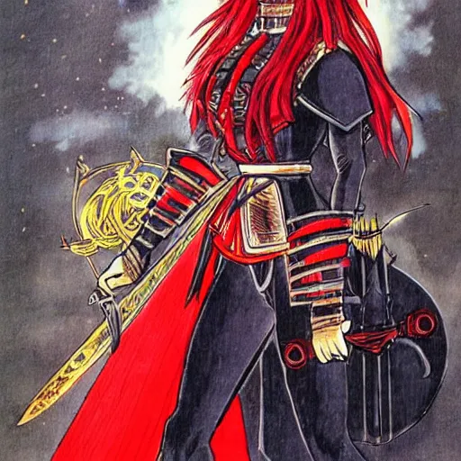 Image similar to female warrior, red hair, black armor, by naoko takeuchi, ultra detailled, medieval, manga