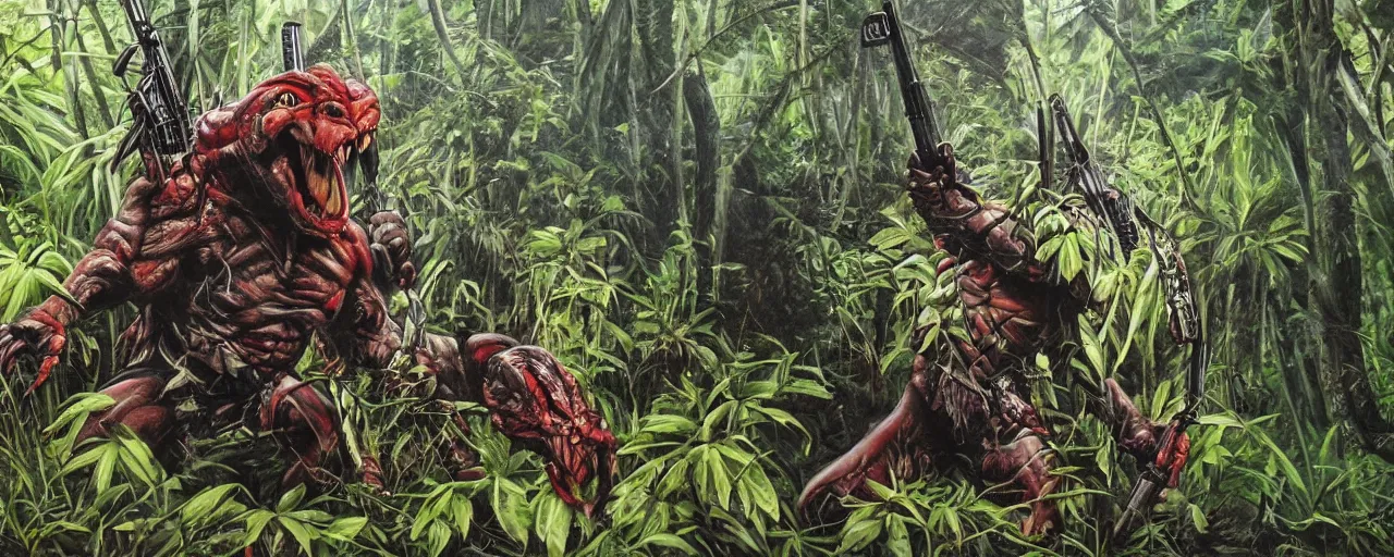 Image similar to the predator roaming the jungle with a rifle, red eyes, as painted by Donald McAlpine