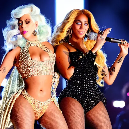 Prompt: Lady gaga and Beyonce perfom together at a concert, EOS 5D, ISO100, f/8, 1/125, 84mm, RAW Dual Pixel, Dolby Vision, HDR, AP, Featured