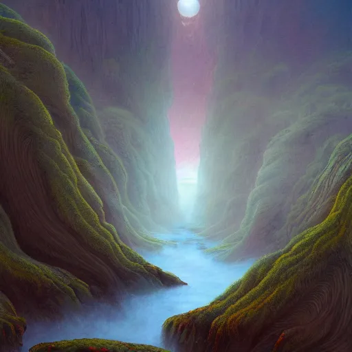 Prompt: digital painting of a lush foggy natural scene on an alien planet by gerald brom. digital render. detailed. beautiful landscape. colourful weird vegetation. cliffs and water.