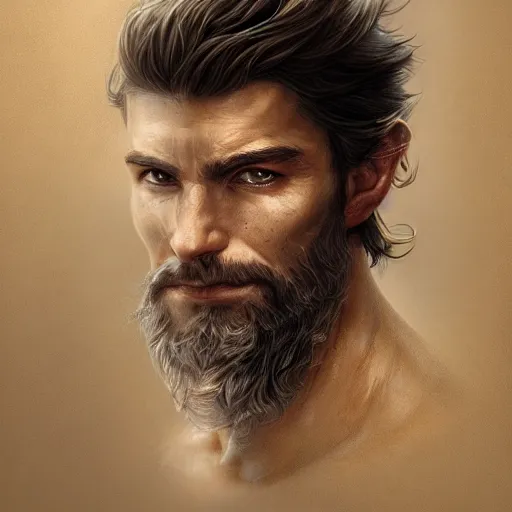 Image similar to portrait of a ruggedly handsome swordsman, soft hair, muscular, half body, leather, hairy, d & d, fantasy, intricate, elegant, highly detailed, digital painting, artstation, concept art, smooth, sharp focus, illustration, art by artgerm and greg rutkowski and alphonse mucha