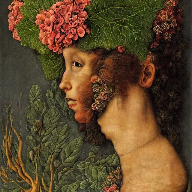 Image similar to a beautiful profile portrait of a woman, leaves, by giuseppe arcimboldo,, psychedelic, surreal, dreamlike, environmental friendly, nature.