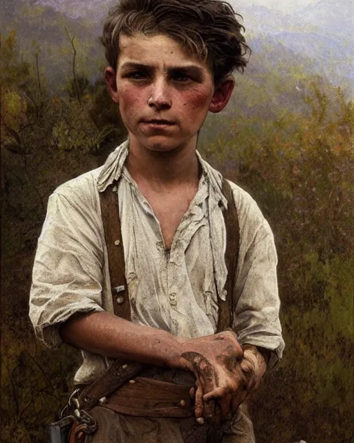 Prompt: side portrait of an Appalachian boy playing with dusty detailed features, dirt, prohibition era, Appalachian mountains, sharp focus, illustration, highly detailed, oil painting, matte, art by Greg Rutkowski and Alphonse Mucha, masterpiece