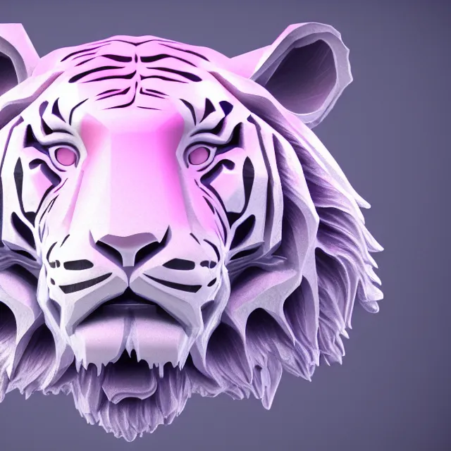 Image similar to 4 k magical realism render of a gigantic tiger head made of crystaline rose quartz, symetrical features.