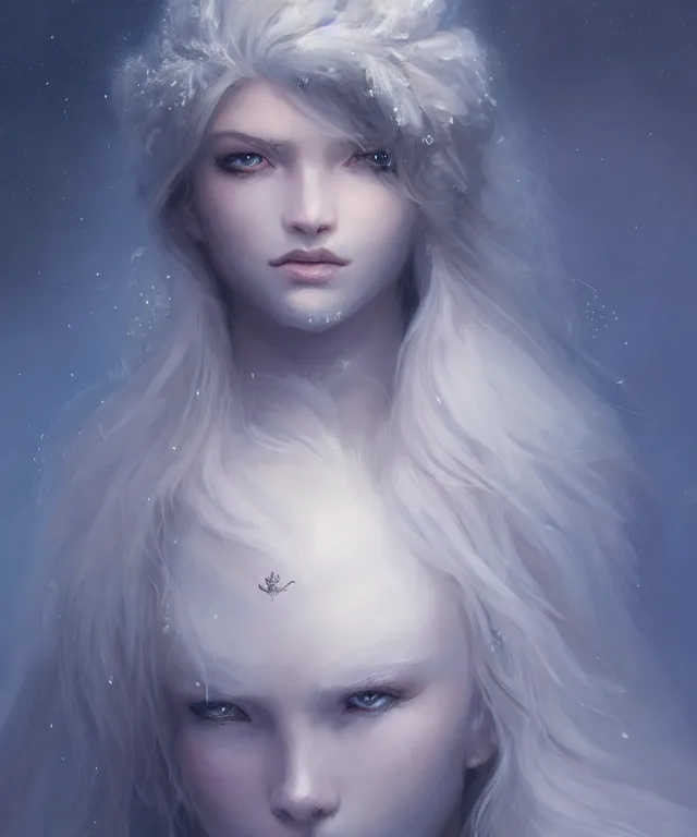 Prompt: yeti by charlie bowater and titian and artgerm, full - body portrait, intricate, face, mountain, elegant, white mist, snowflakes, beautiful, highly detailed, dramatic lighting, sharp focus, trending on artstation, artstationhd, artstationhq, unreal engine, 4 k, 8 k