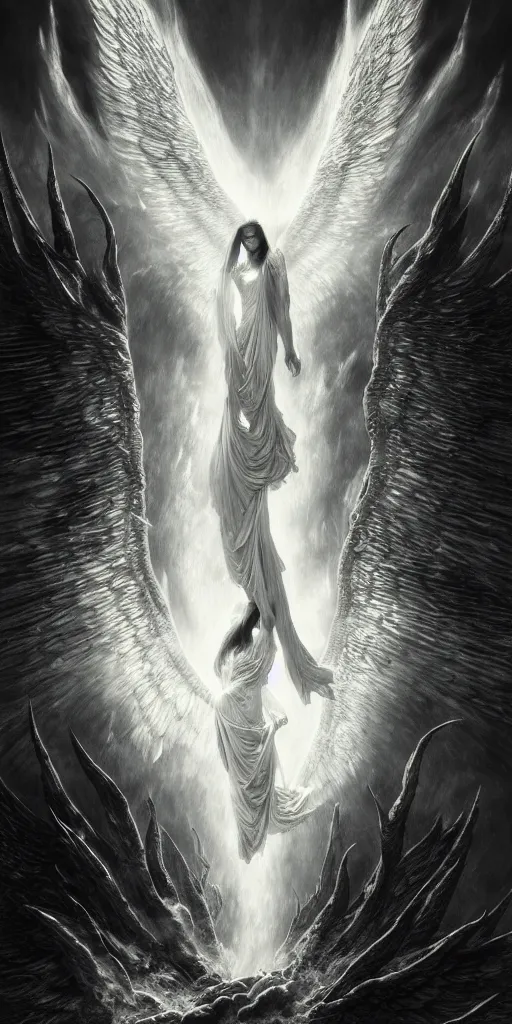 Image similar to burning wings of lucifer falling from the heavens, elegant, beautiful, engraving, concept art, elden ring, illustration, smooth, sharp focus, by gustave dore and greg rutkowski, hyper realistic, ephemeral, dramatic lighting, fantasy art, in the style of midjourney, intricate, alphonse mucha, hyper detailed