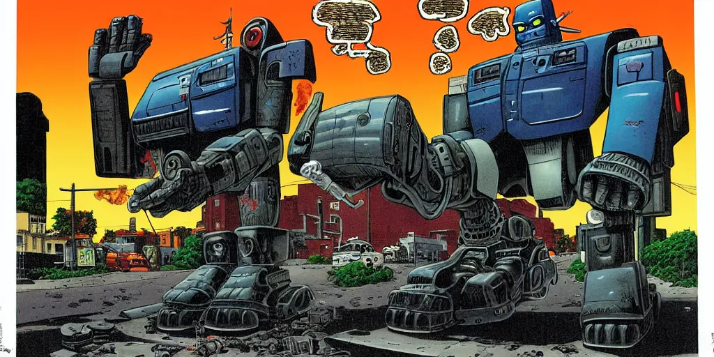 Image similar to Giant robot walking down a street while smoking giant blunt, a crushed car is under the foot of the giant robot by Richard Corben