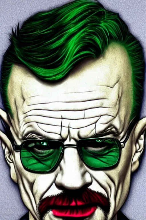 Image similar to walter white as the joker, green hair, photorealistic, highly detailed,