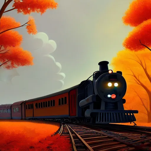 Image similar to Goro Fujita illustrating An antique steam train with a large white cloud coming out of the chimney travels through a beautiful autumn forest along the railroad tracks, art by Goro Fujita, concept art, sharp focus, ArtStation