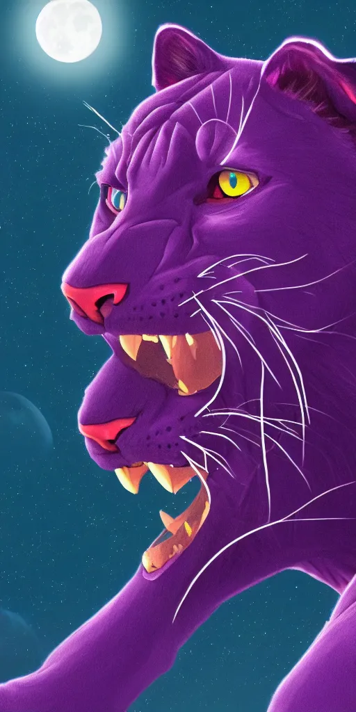 Image similar to high quality render of a purple colored panther roaring at night. large moon in the center of the background. digital drawing, illustration, 4 k, render, matte, highly detailed, artstation, realistic, dramatic, darkness, moon.