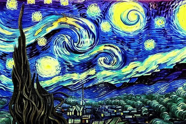 Image similar to man is seeing old god eldritch horror cthulhu terrifying the night sky of a city, epic scene oil painting hyper - detailed gigantic cthulhu, realistic dark - art painted by van gogh