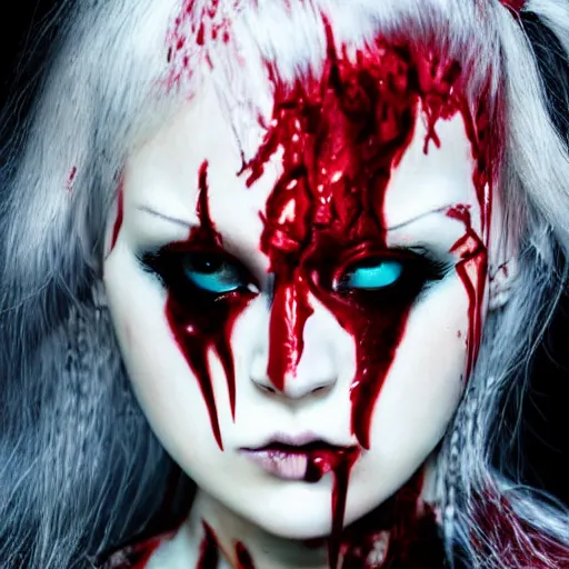 Image similar to anime girl with blood running down her face, heavy metal album cover, 3 d rendered, red eyes, white haired, horn on head, cute