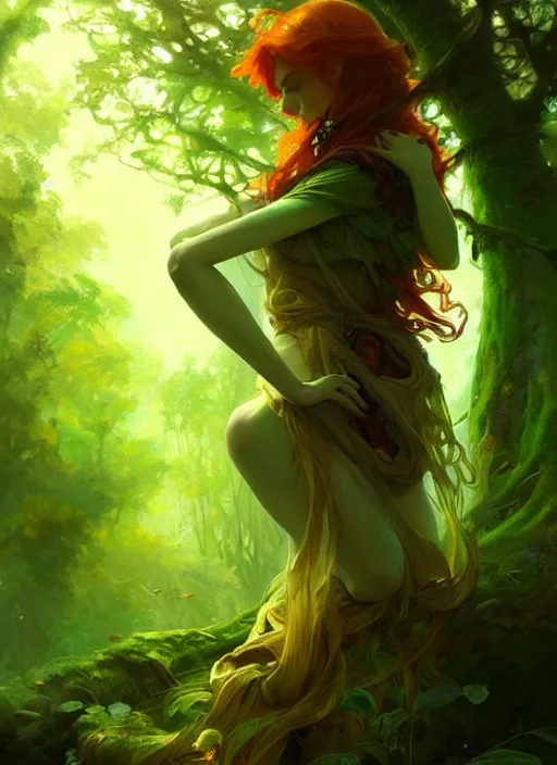 Image similar to stunningly beautiful female green and ginger hair, fantasy art, fae priestess, lush forest landscape, dark light night, sharp focus, digital painting, 4 k, concept art, art by wlop, artgerm, greg rutkowski and alphonse mucha