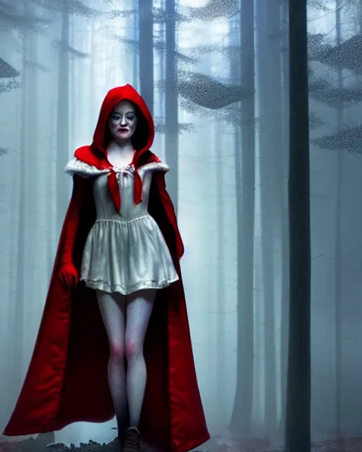 Image similar to hyperrealistic mixed media painting of Emma Stone as little red riding hood, dark foggy forest background, stunning 3d render inspired art by P. Craig Russell and Barry Windsor-Smith + perfect facial symmetry + dim volumetric lighting, 8k octane beautifully detailed render, post-processing, extremely hyperdetailed, intricate, epic composition, grim yet sparkling atmosphere, cinematic lighting + masterpiece, trending on artstation, very very detailed, masterpiece, stunning