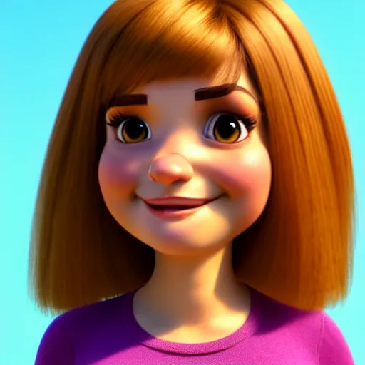 Image similar to A portrait of a curvy woman, a cute 3d cgi toon woman with brown hair in a Bob, no bangs, brown eyes, full face, olive skin, romanian heritage, medium shot, mid-shot, hyperdetailed, 8k, trending on artstation, as a Pixar character