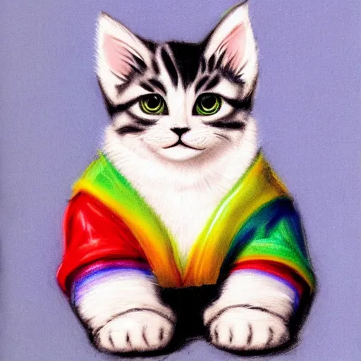 Image similar to wide angle full body, of a fluffy cute rainbow kitten wearing a black leather motorcycle jacket, concept art