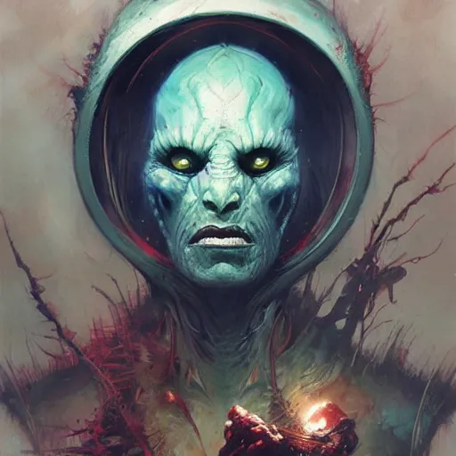 Prompt: an acrylic on canvas painting of an alien warlock by Greg Rutkowski, Artgerm and Beksinski. Epic fantasy art.