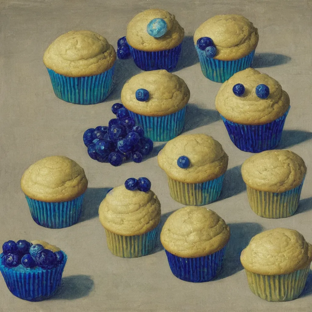 Image similar to portrait of a blueberry cupcake. lapis lazuli, malachite, turqouise, gold. painting by piero della francesca, balthus, agnes pelton