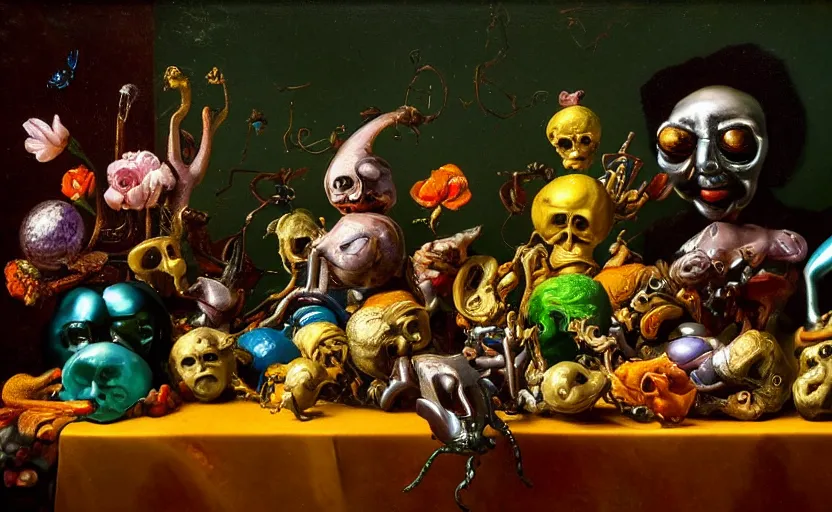 Image similar to disturbing colorful oil painting dutch golden age vanitas still life with bizarre humanoid faces strange beautiful flowers complex metal objects shiny gooey surfaces shiny metal bizarre insects rachel ruysch dali todd schorr very detailed perfect composition rule of thirds masterpiece canon 5 0 mm, cinematic lighting, chiaroscuro