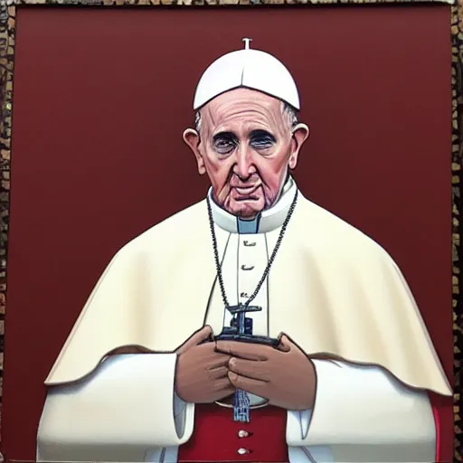 Prompt: “portrait of the pope with a durag and a pistol in his hand, highly realistic, highly detailed”