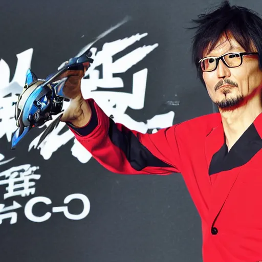 Image similar to Hideo Kojima holding a beyblade in his hand