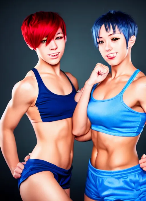 Prompt: two beautiful identical female fighters with short hair facing each other in gym, blue shorts, dim lighting, gorgeous features, high resolution, smooth anime art