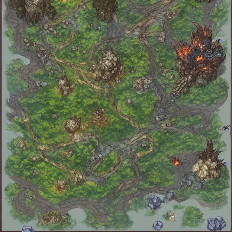 Prompt: full - color virtual tabletop battle map of a woodland clearing, dungeondraft, d & d, pathfinder, by jeff todd and greg rutkowski, trending on artstation, pinterest